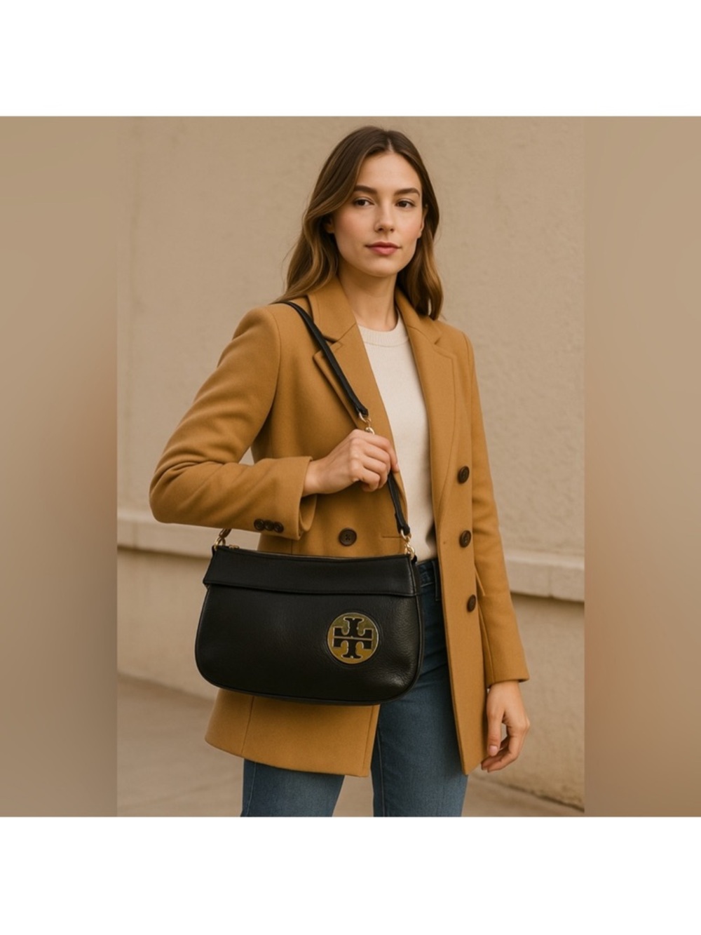 Tory Burch Black Leather Shoulder Bag with Gold Logo Emblem